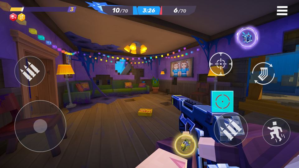 Official Pixel Gun 2 gameplay screenshot showing first-person indoor combat with the mobile touch HUD