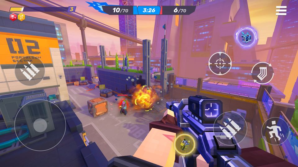 Official Pixel Gun 2 gameplay screenshot in a futuristic city arena