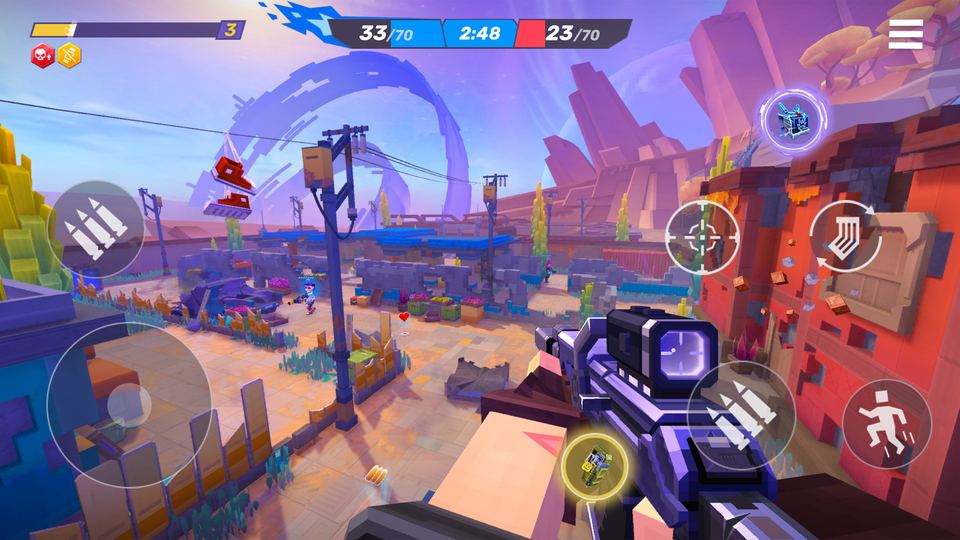 Official Pixel Gun 2 gameplay screenshot showing a scoped weapon in first-person view
